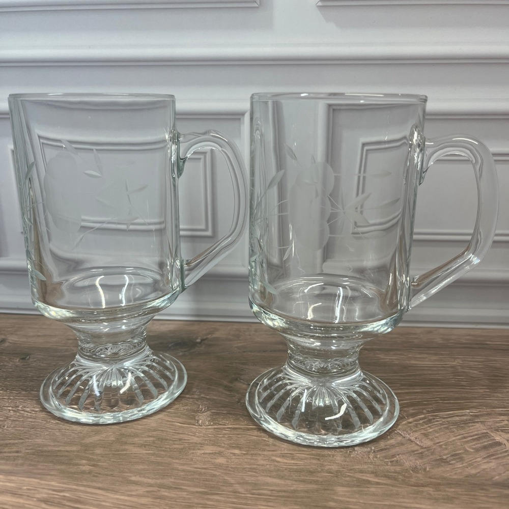 Princess House Heritage Irish Coffee Glass Mug Set of 2 10oz Clear Etched Floral